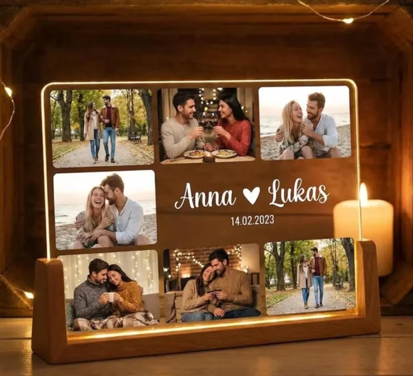 Personalized LED Photo Frame with Custom Photos & Name – Wooden Memory Lamp