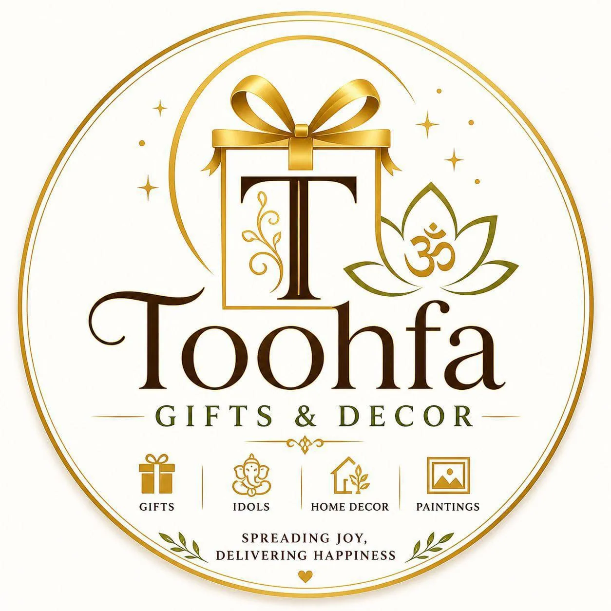 Logo of Toohfa Gifts & Decor, featuring a gold gift box with ribbon, a lotus containing the Om symbol, and the tagline "Spreading Joy, Delivering Happiness."